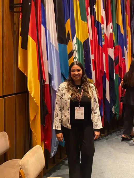 Cote de pie frente a una fila de banderas de países en la CEPAL