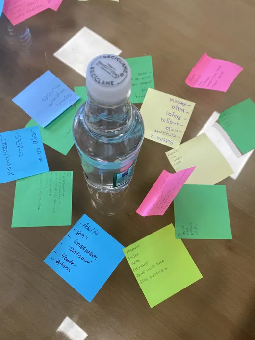 Post-its de colores alrededor de una botella, con palabras como elegante, adulta y tradicional